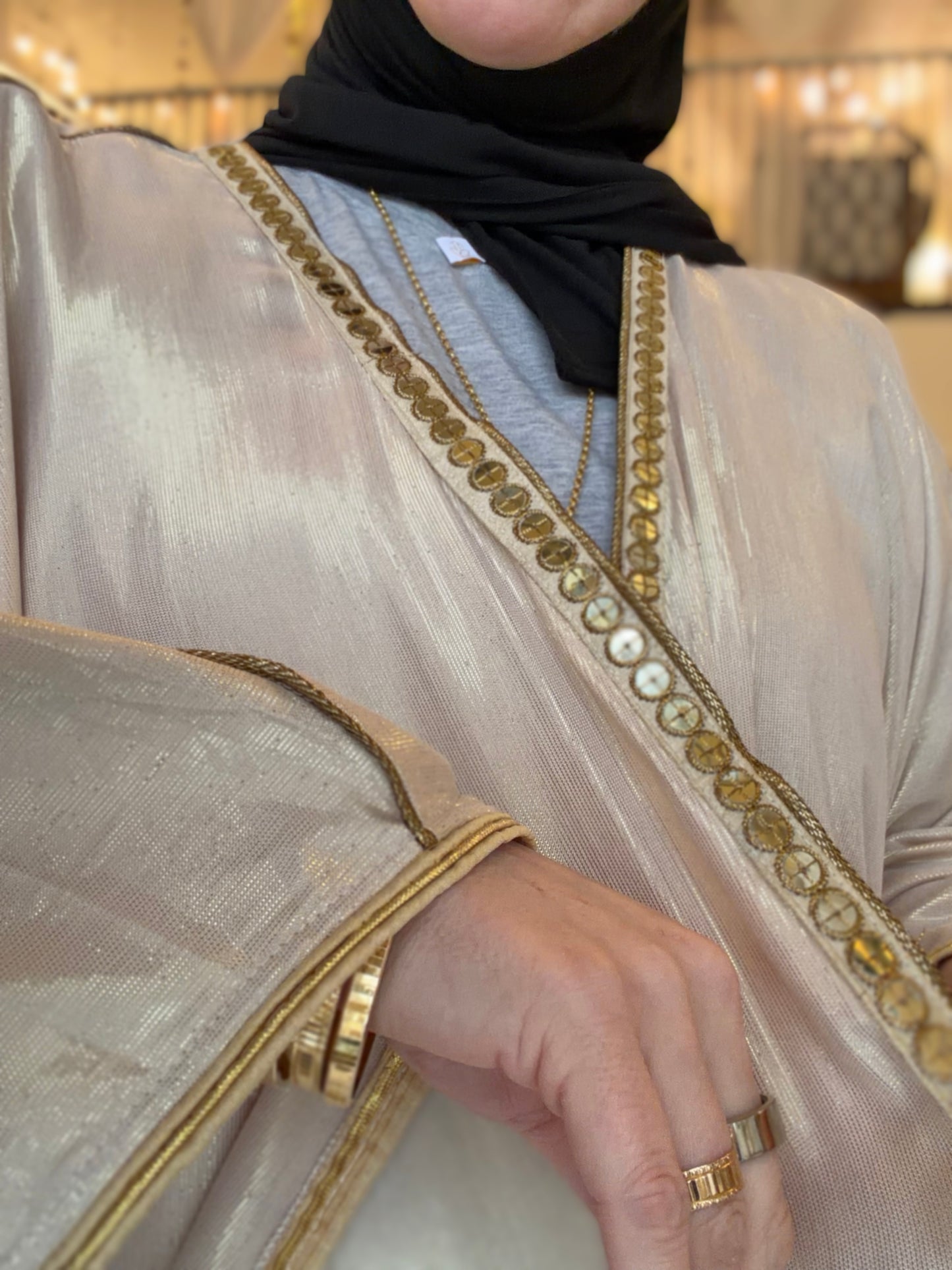 Metallic Oversized Abaya: Gold on Beige