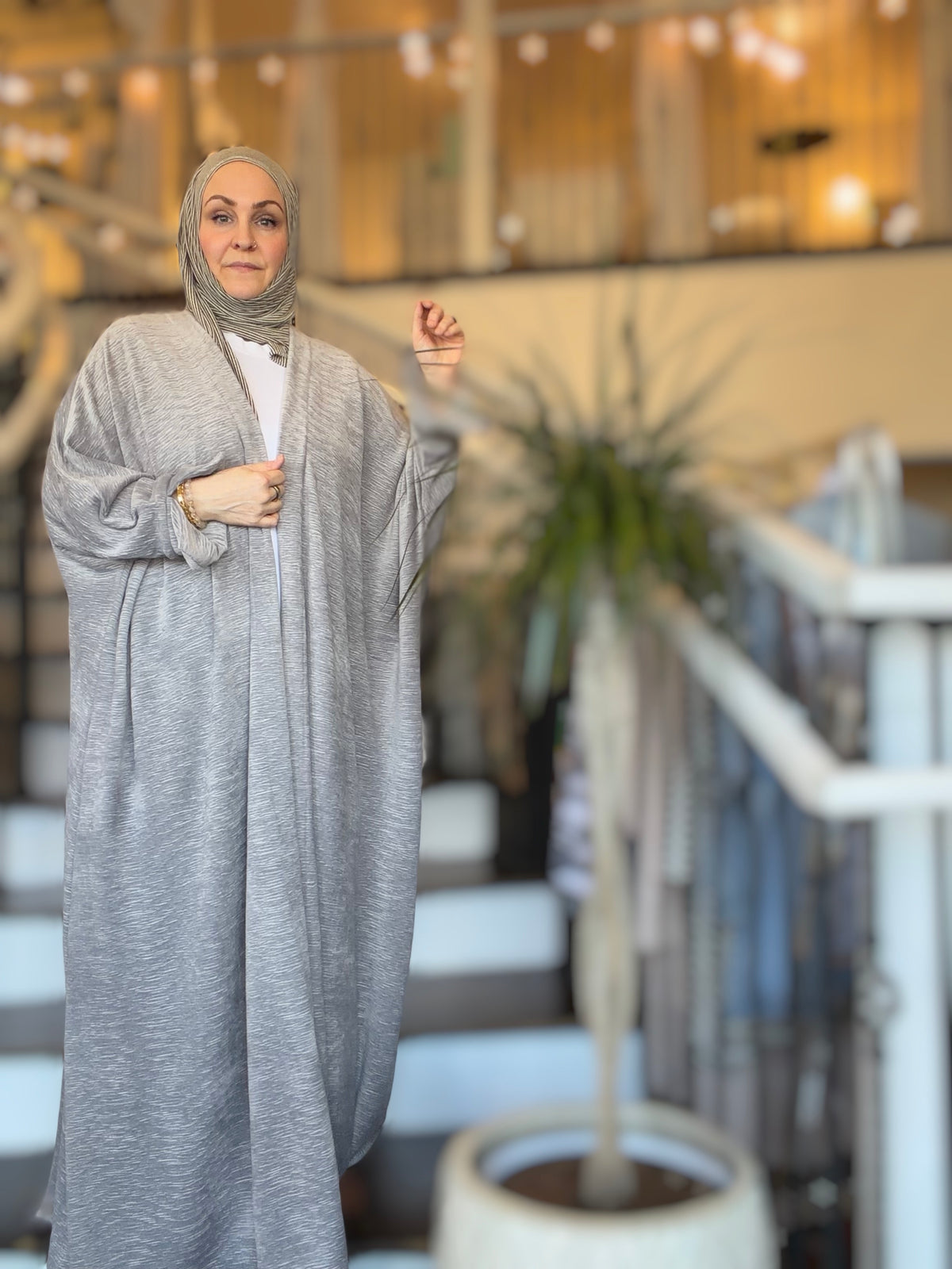 Power Silhouette Abaya - Silver Plush Plisse Velour