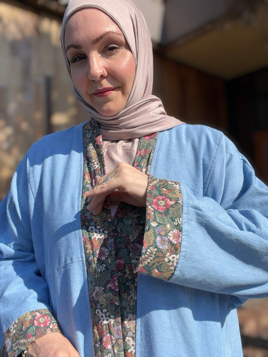 Pocket Anorak Abaya โ Denim Wildflower