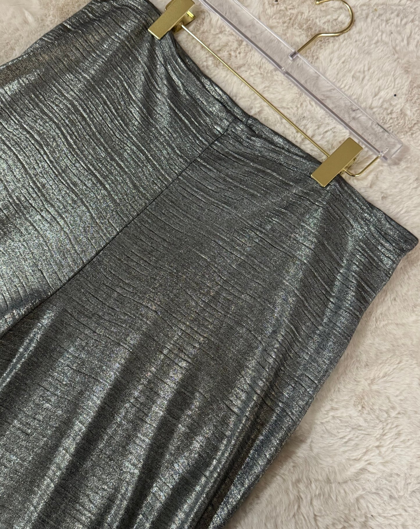 Metallic Plisse Palazzo Pant: Blue Grey
