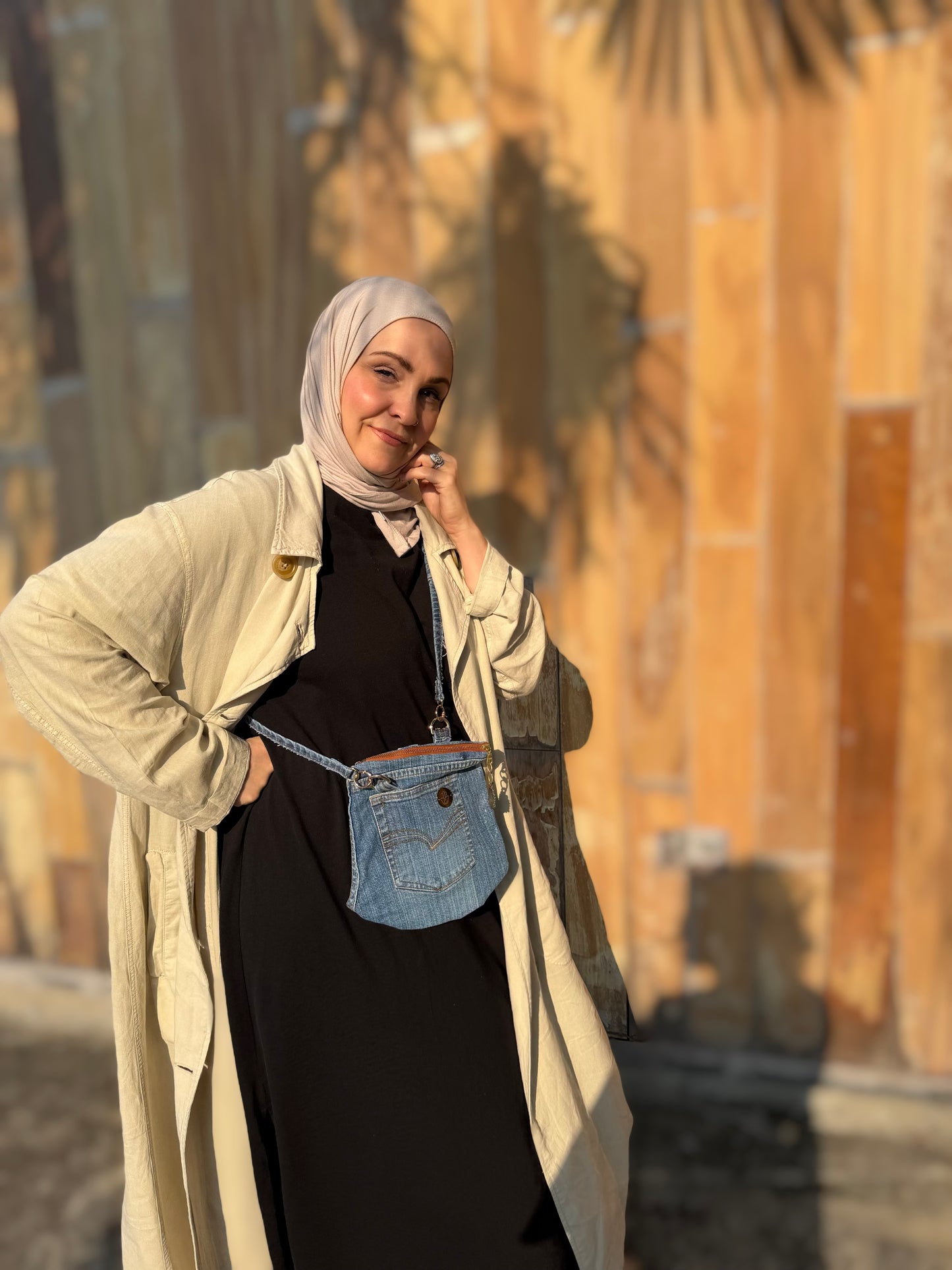 The Pocket Story Mini — Saffron Bloom, Light Wash | Upcycled Denim Convertible Bag