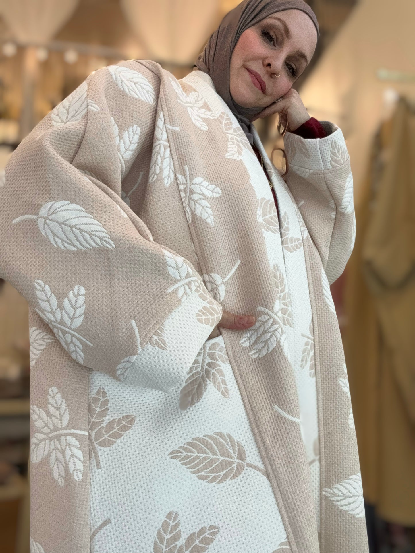 Up-cycled Pocket Anorak Abaya - Sandstone Leaves