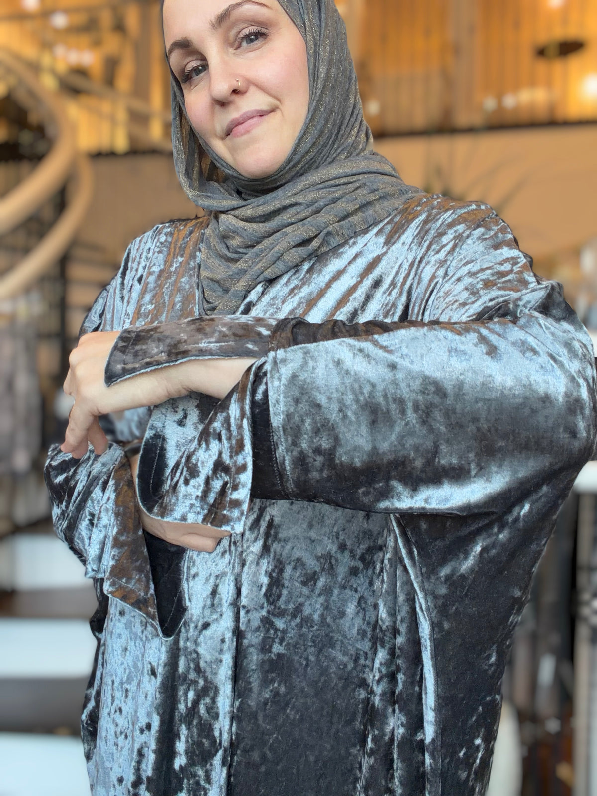 Power Silhouette Abaya - Gun Metal Crushed Stretch Velvet