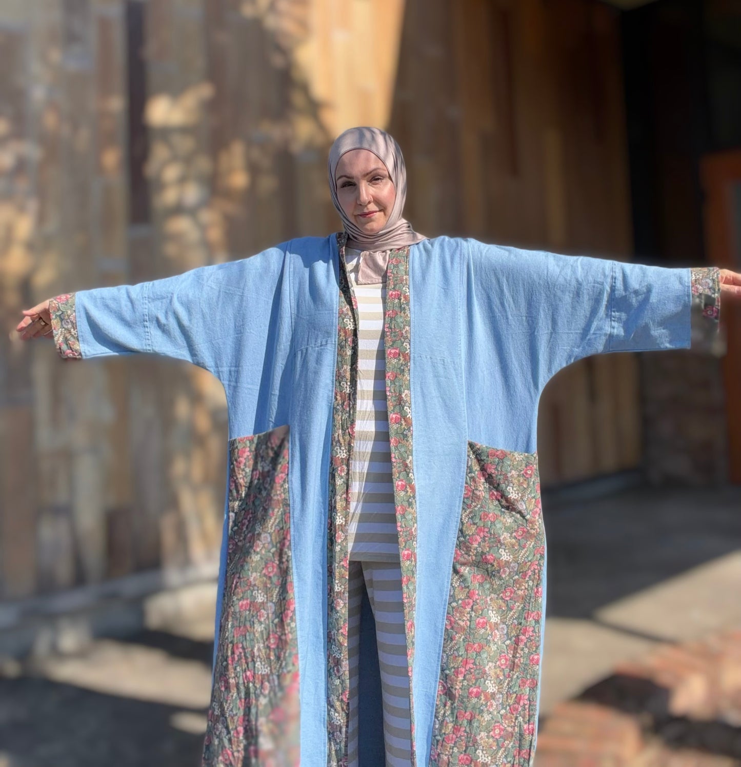 Pocket Anorak Abaya — Denim Wildflower