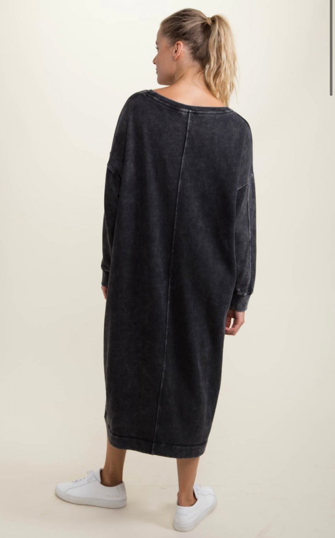 Mineral Washed Long-Sleeve Lounge Tunic Dress - Distressed Black