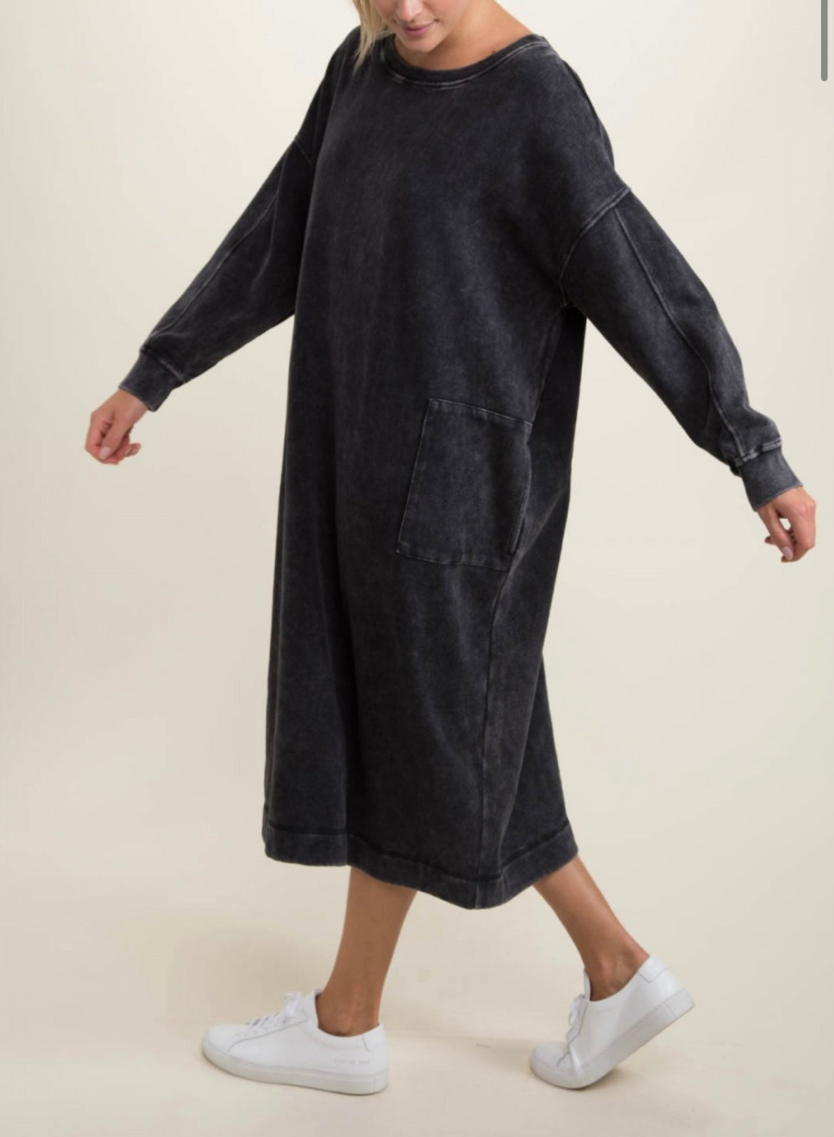 Mineral Washed Long-Sleeve Lounge Tunic Dress - Distressed Black