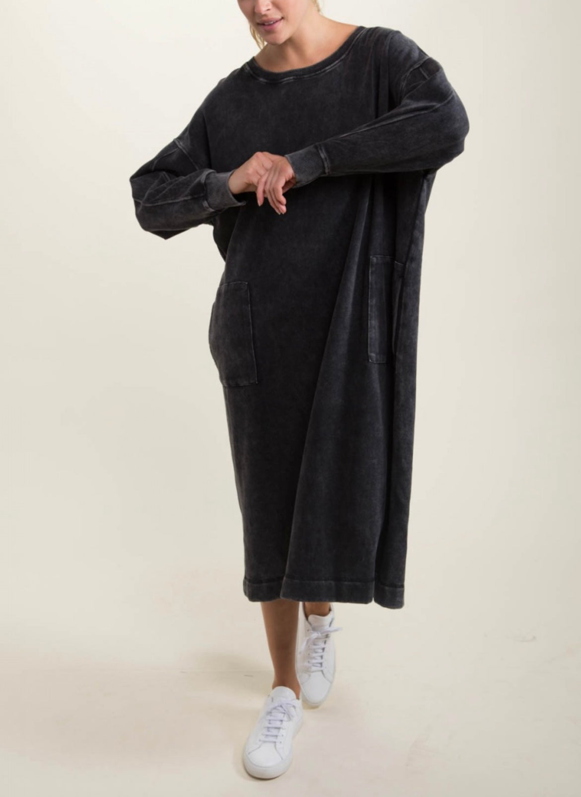 Mineral Washed Long-Sleeve Lounge Tunic Dress - Distressed Black