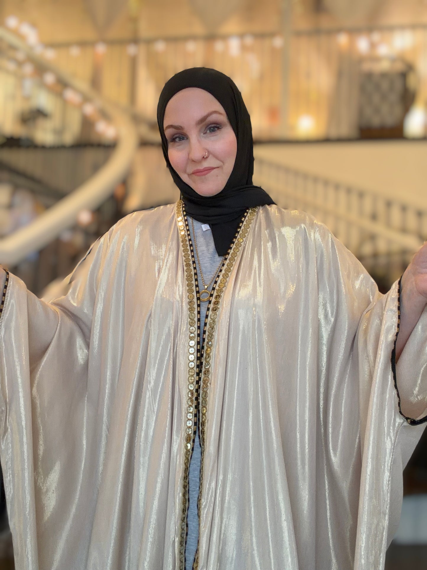 Metallic Oversized Abaya: Black & Gold on Beige