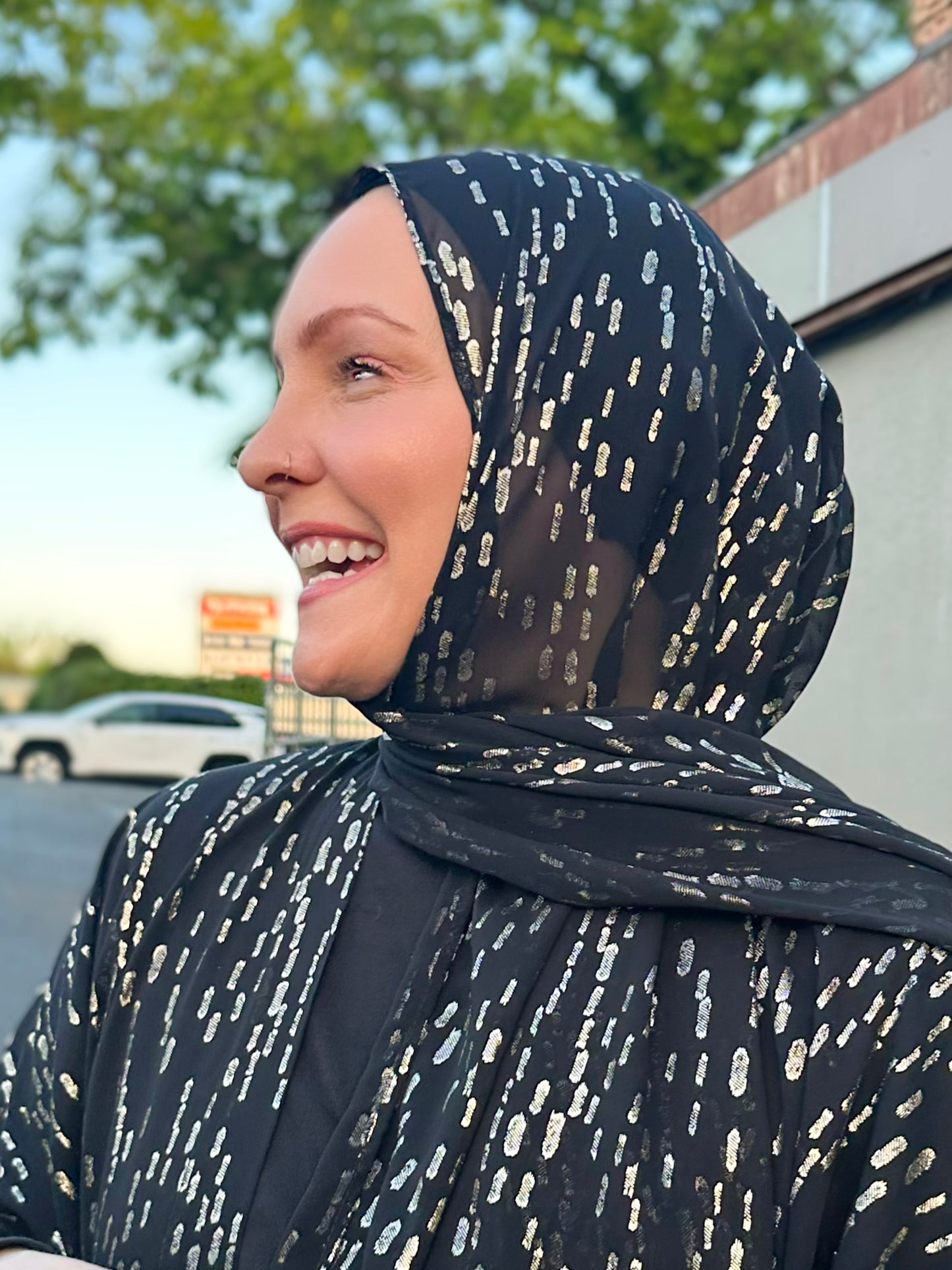 Burnout Metallic Chiffon Hijab: Black & Gold Royalty