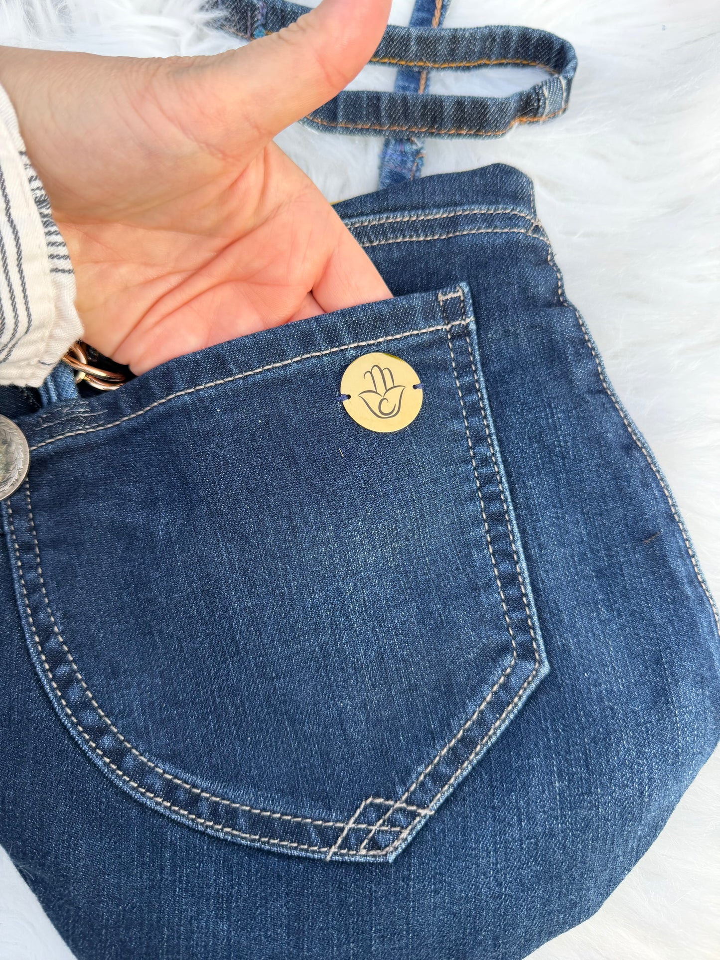 The Pocket Story Mini — Desert Rhythm, Dark Wash | Upcycled Denim Convertible Bag