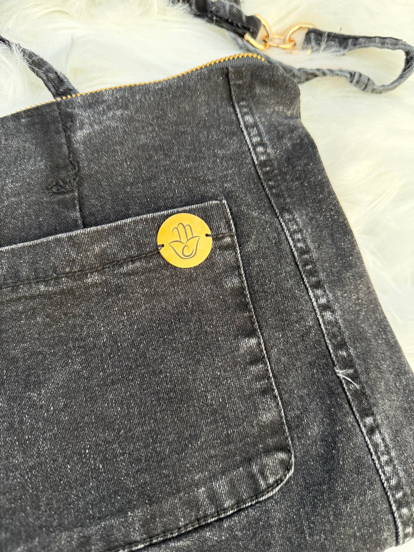 The Pocket Story Mini — Watermelon Resistance, Black Wash | Upcycled Denim Convertible Bag