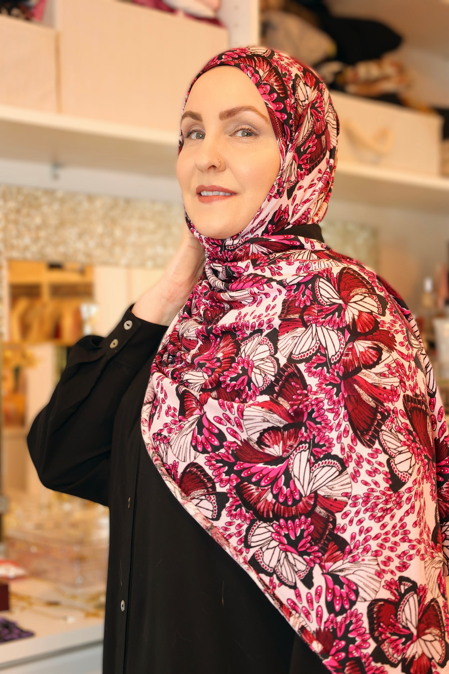 Printed Jersey Hijab: Pomegranates and Papillons