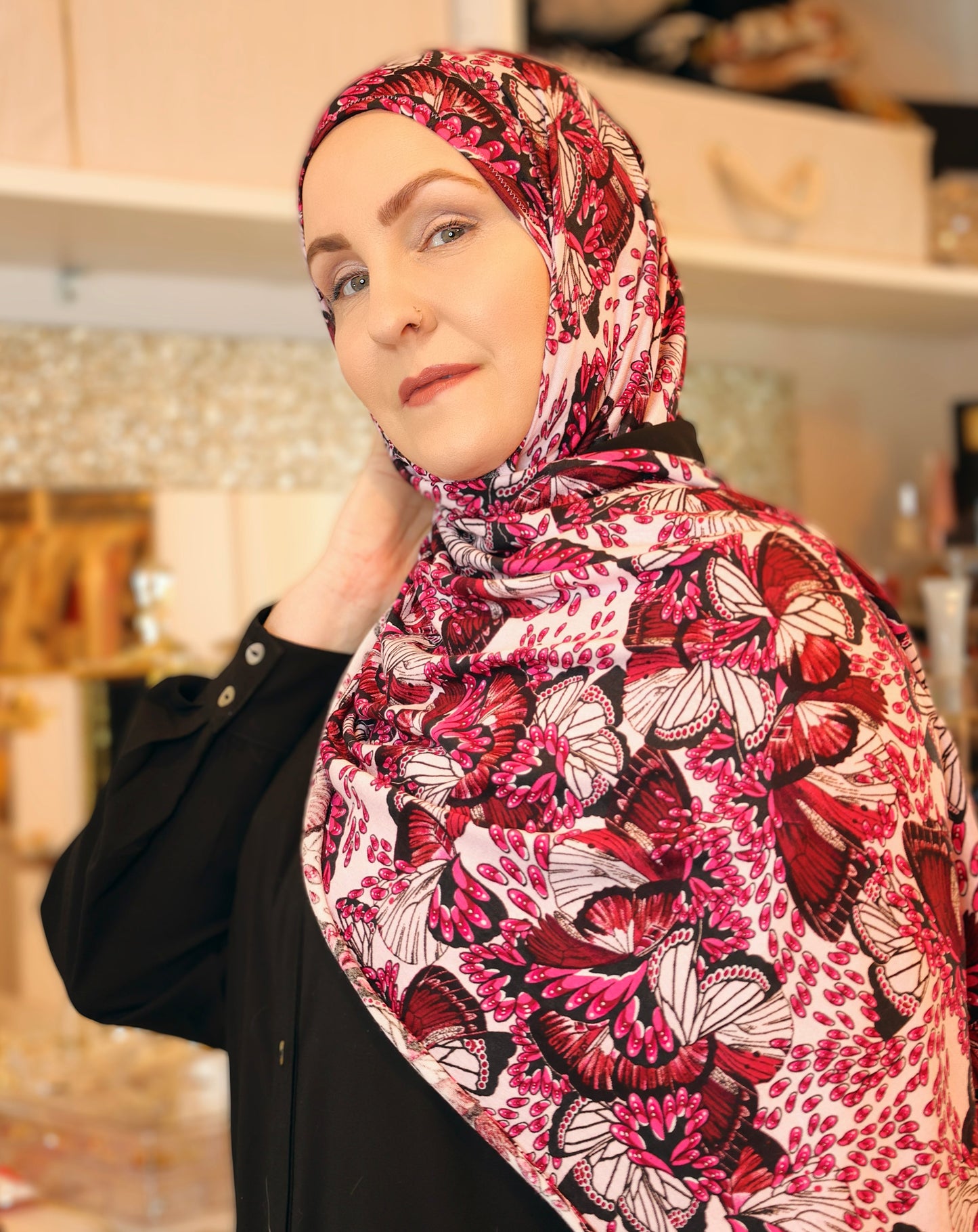 Printed Jersey Hijab: Pomegranates and Papillons