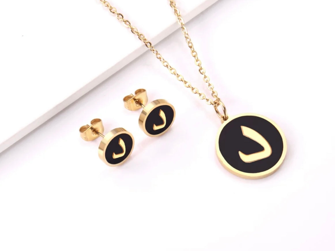 Gold Necklace & Earring Set: Luxe Black Arabic Letter