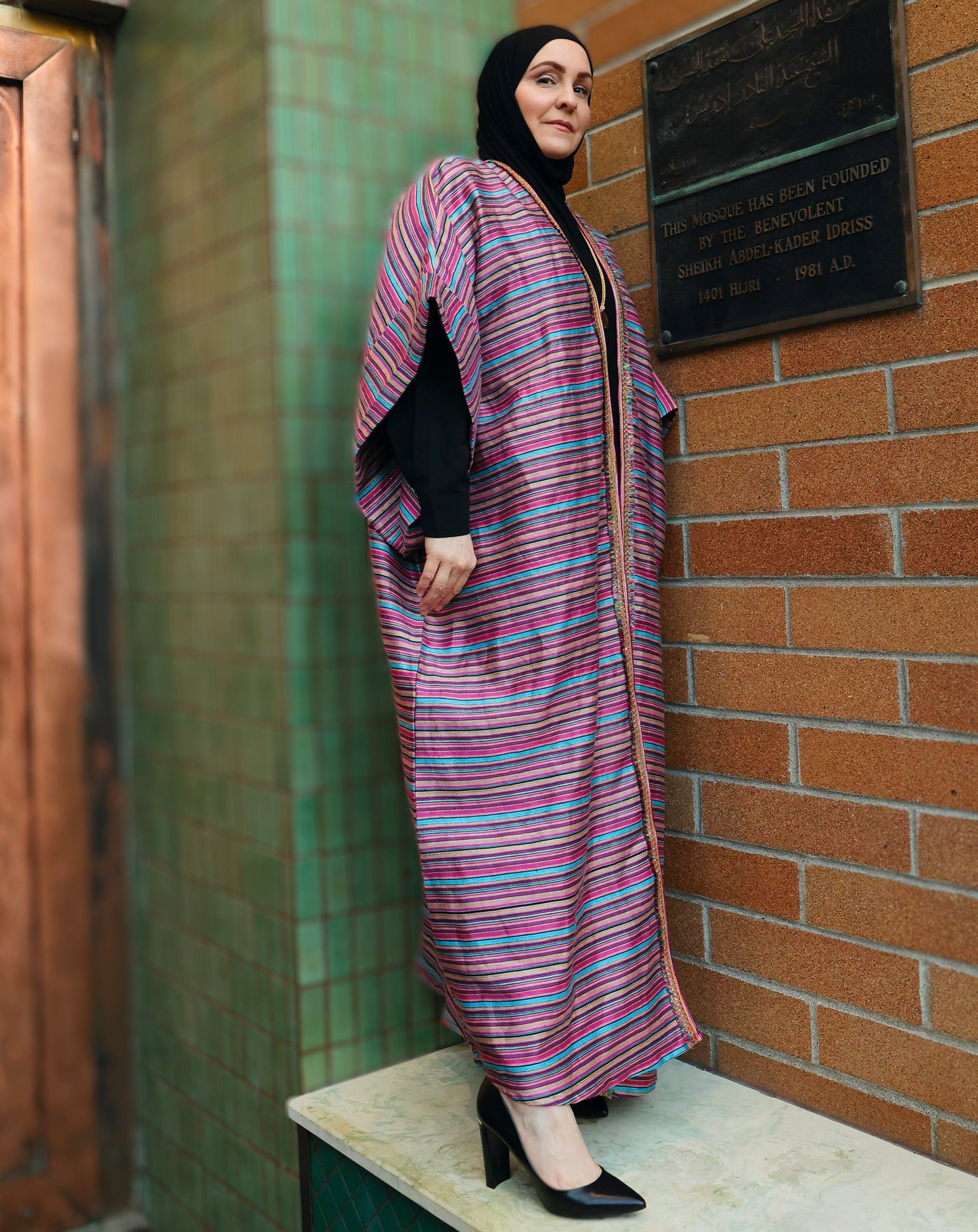 MC Woven Bisht: Metallic Pink Striped