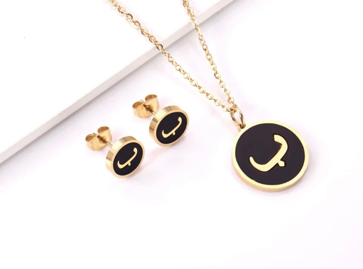 Gold Necklace & Earring Set: Luxe Black Arabic Letter