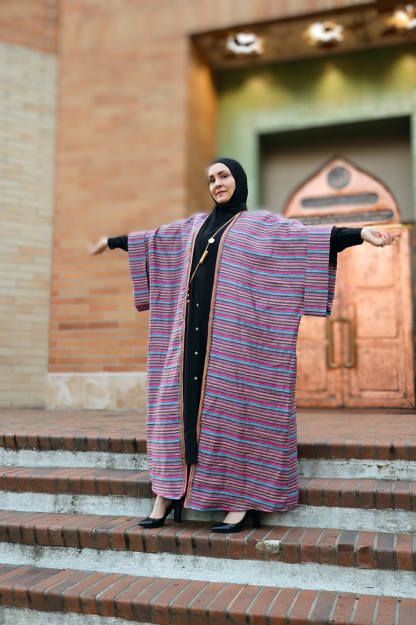 MC Woven Bisht: Metallic Pink Striped
