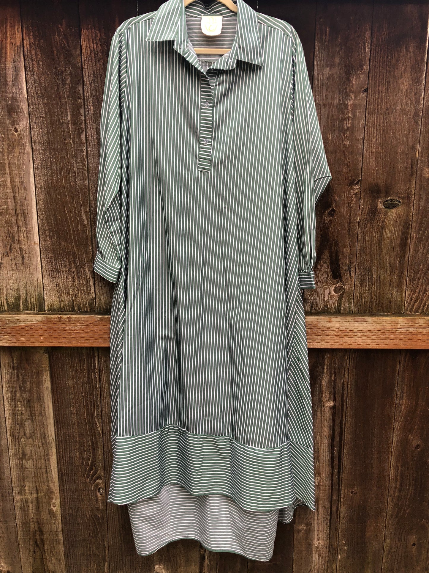 Oversized High-Low Shirt Dress - Green & White