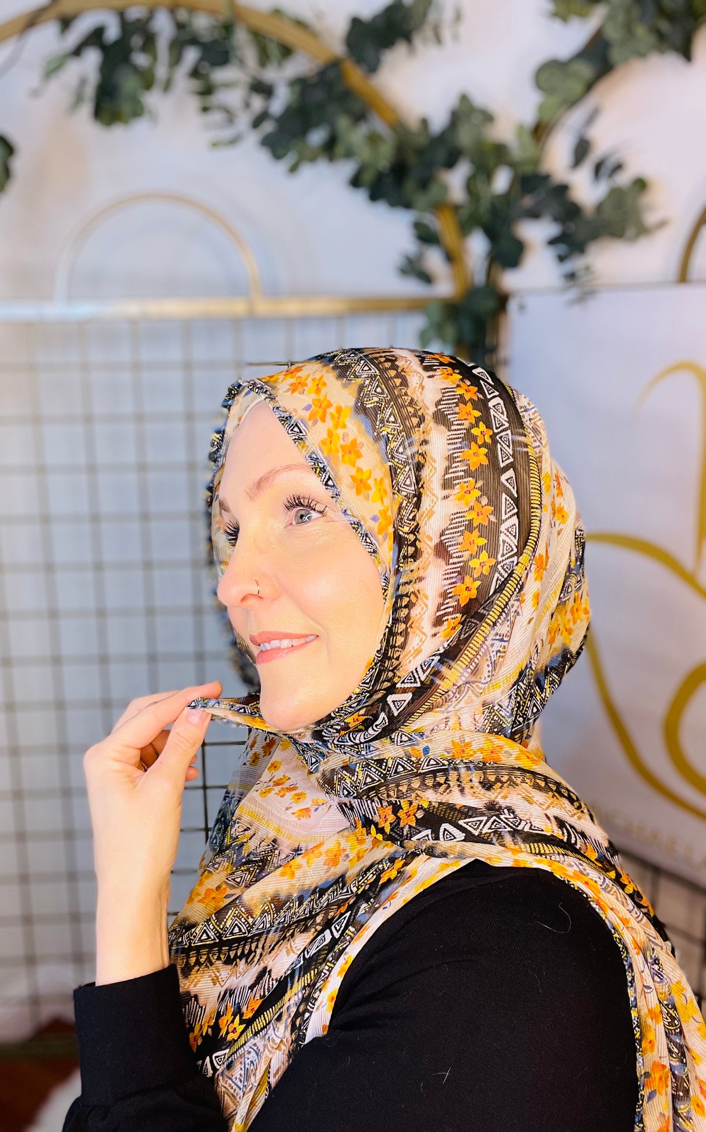 Limited Edition Woven Chiffon Hijab: Geometric Floral Fall