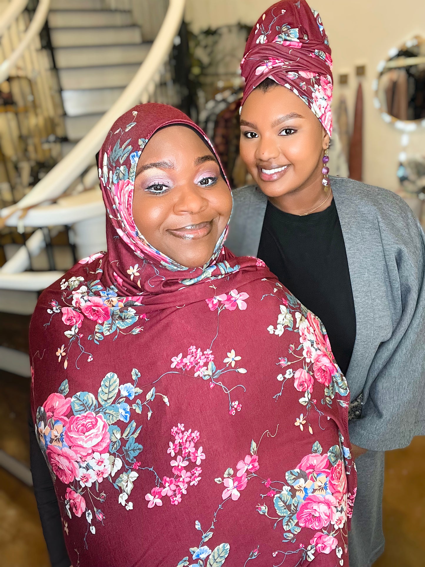 Printed Jersey Hijab: Burgundy Bouquet