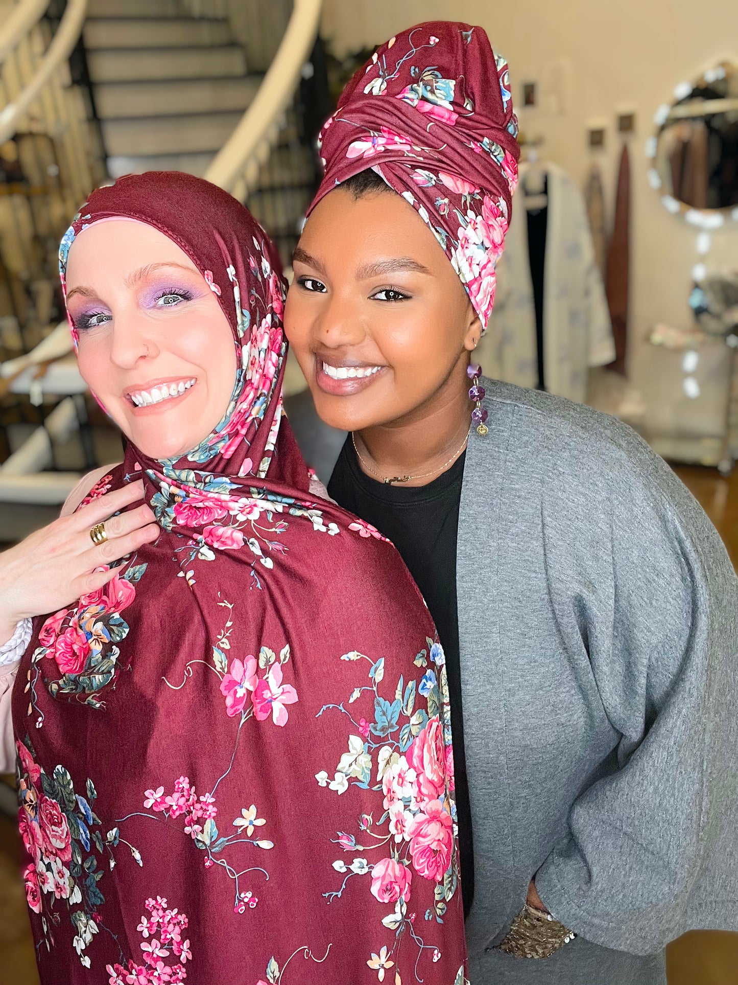 Printed Jersey Hijab: Burgundy Bouquet