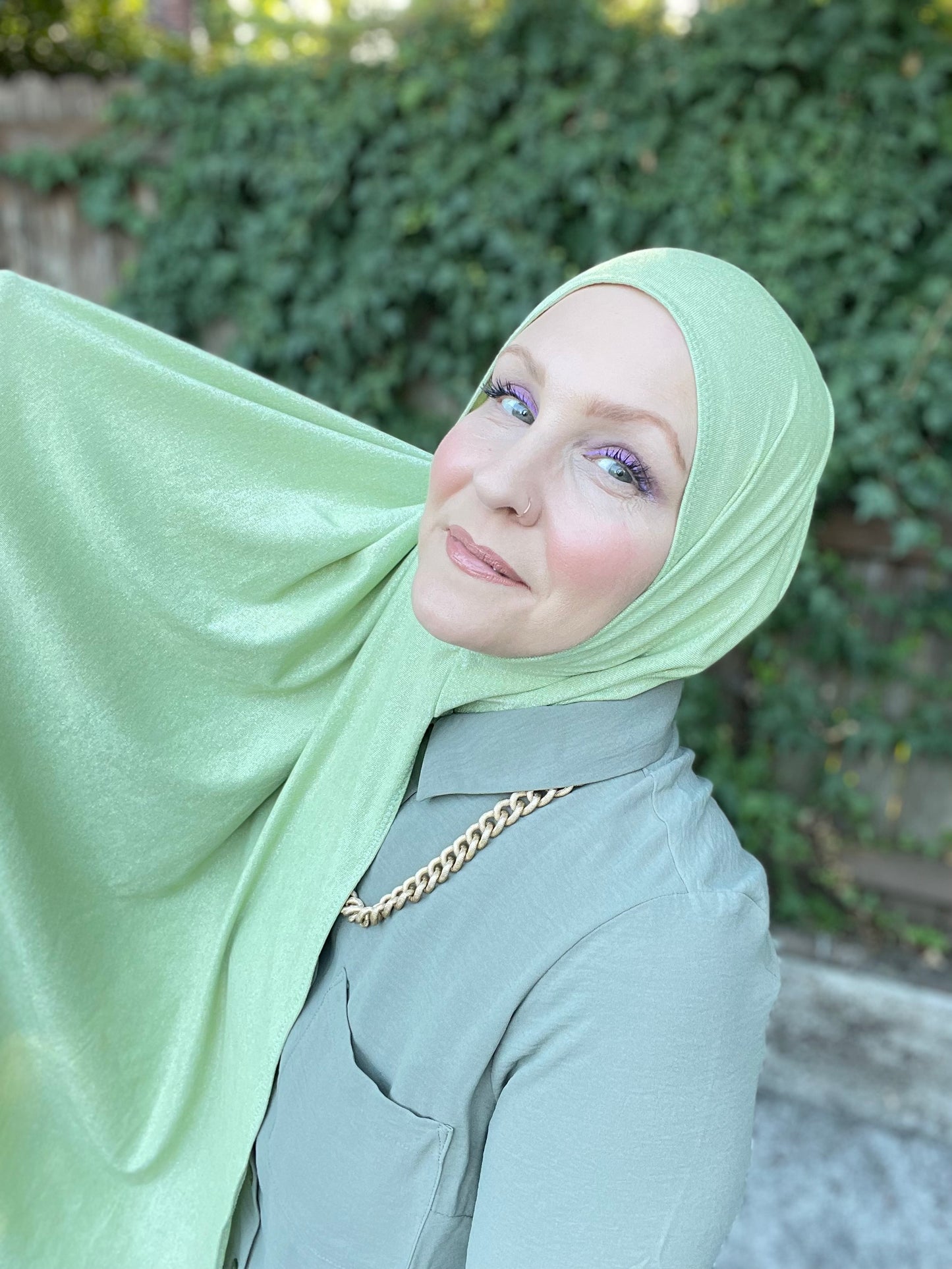 Solid Sparkle Jersey Hijab: Pale Green Lurex