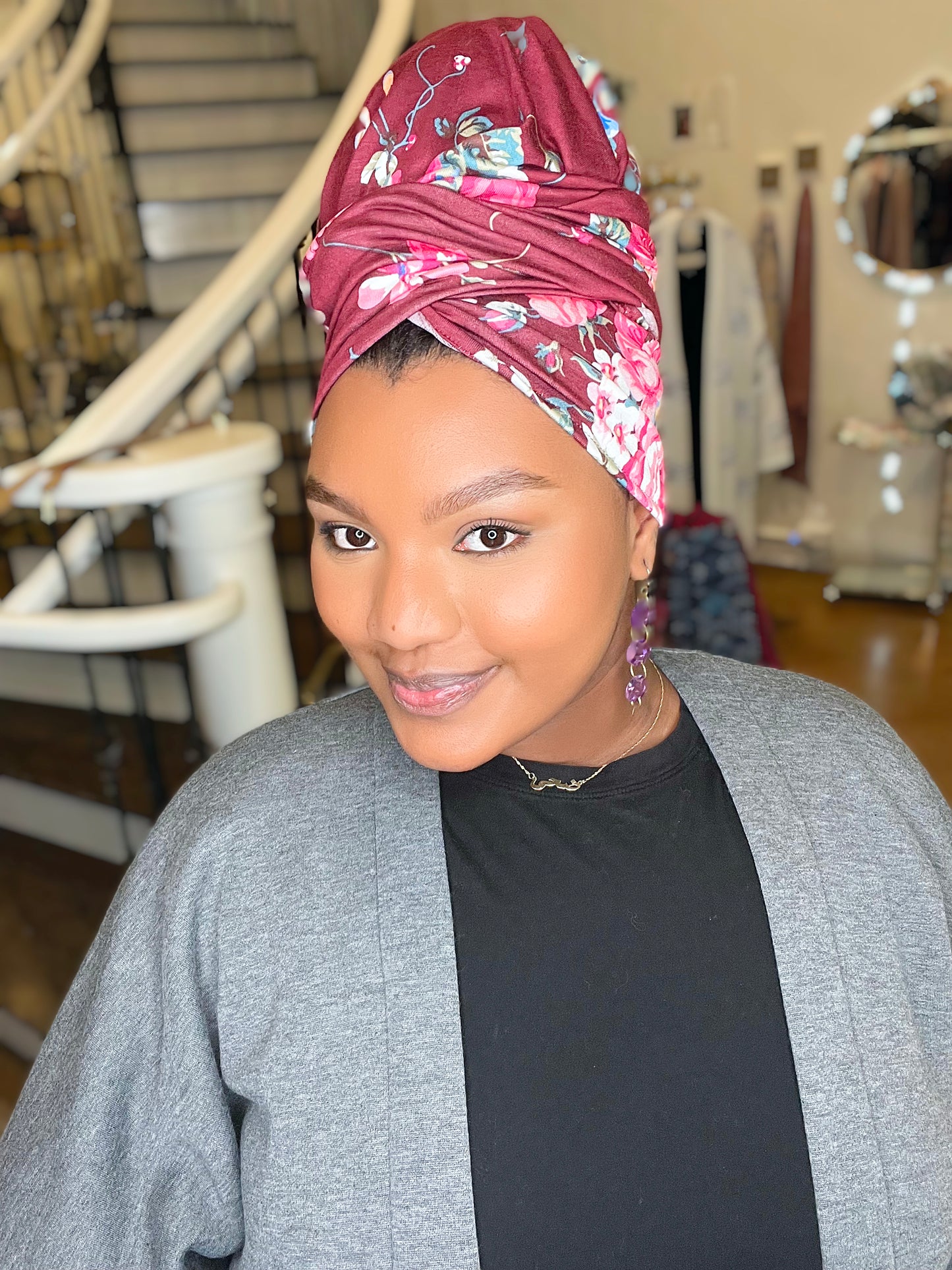 Printed Jersey Hijab: Burgundy Bouquet