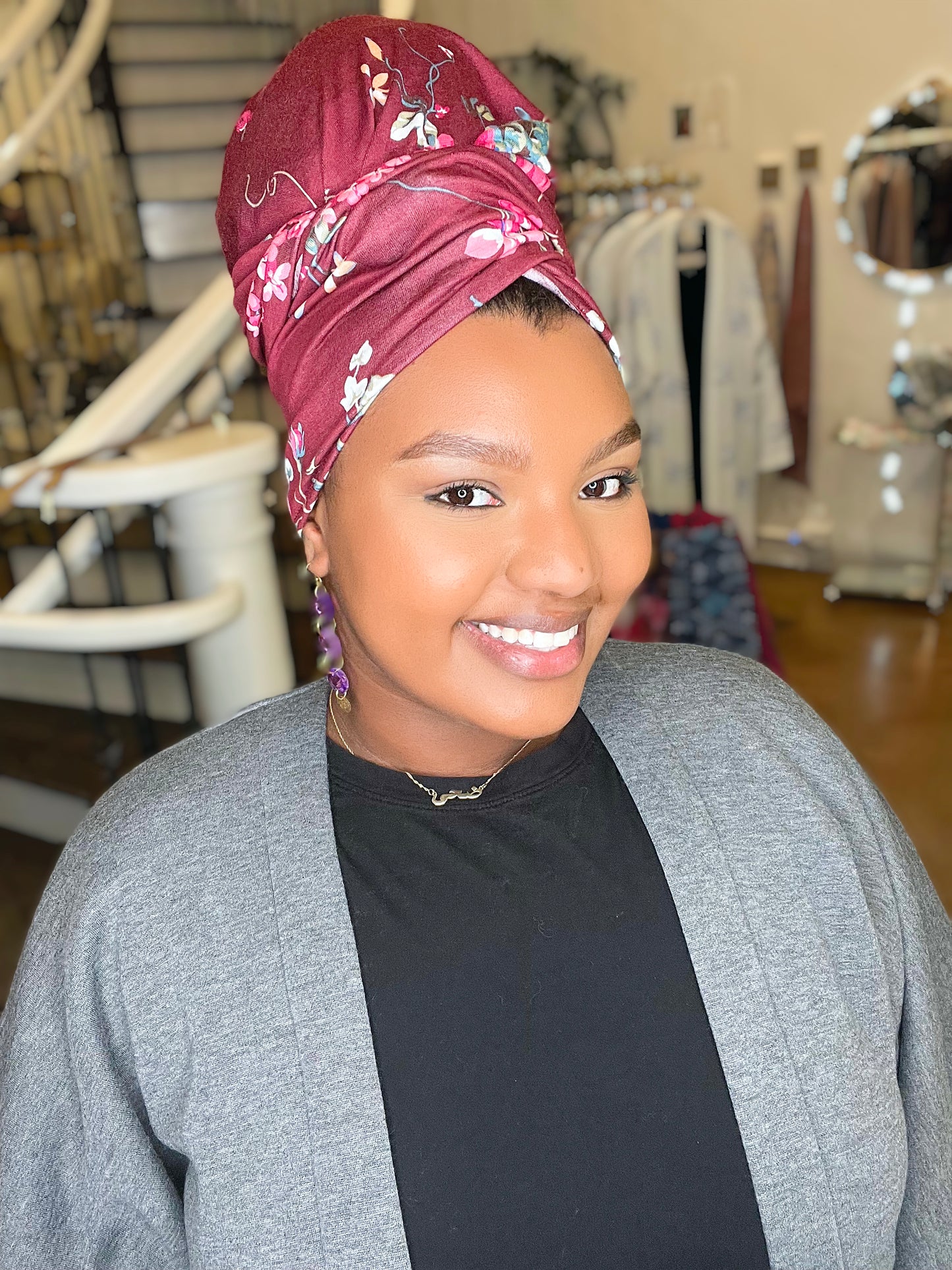 Printed Jersey Hijab: Burgundy Bouquet