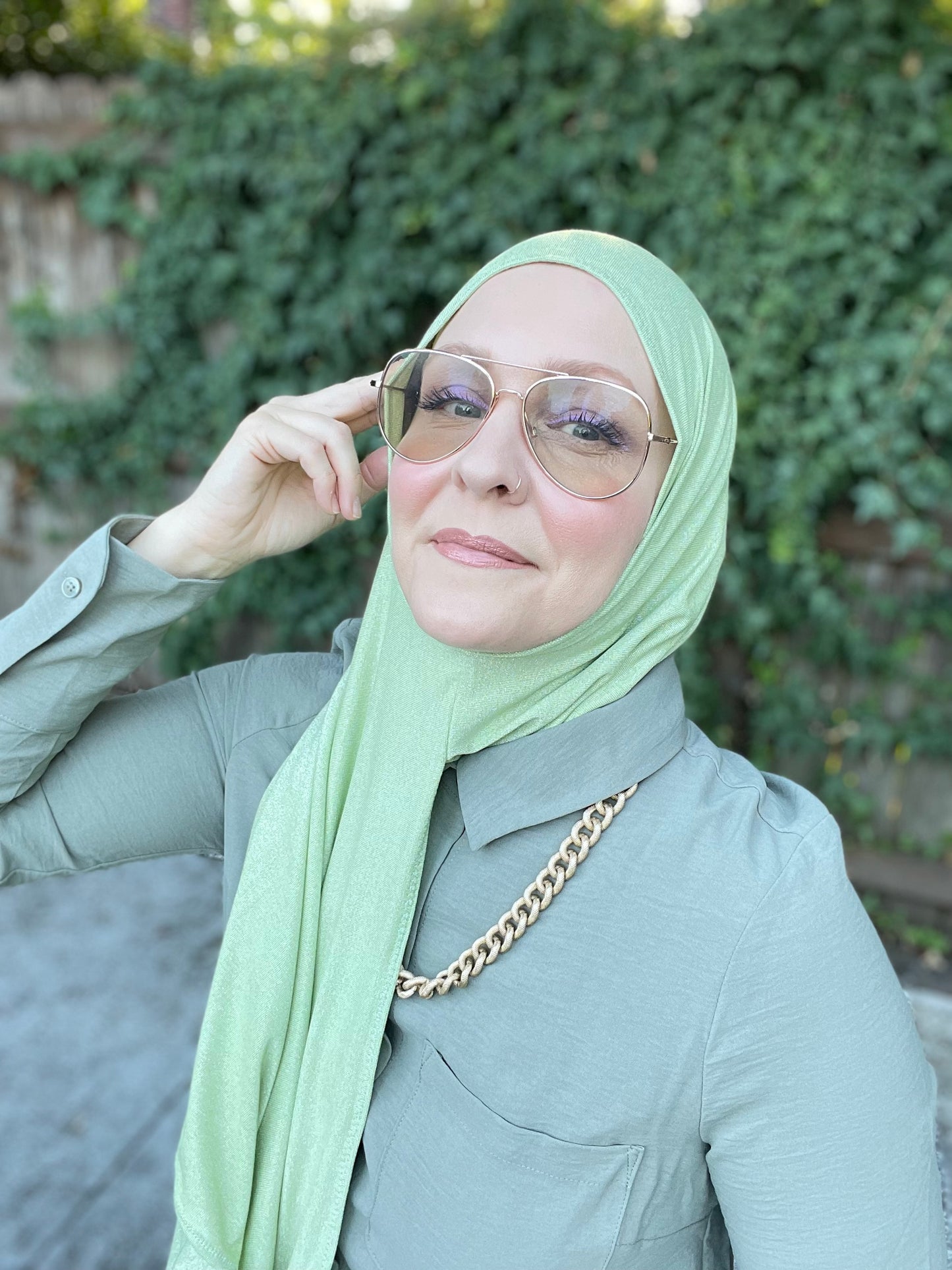 Solid Sparkle Jersey Hijab: Pale Green Lurex