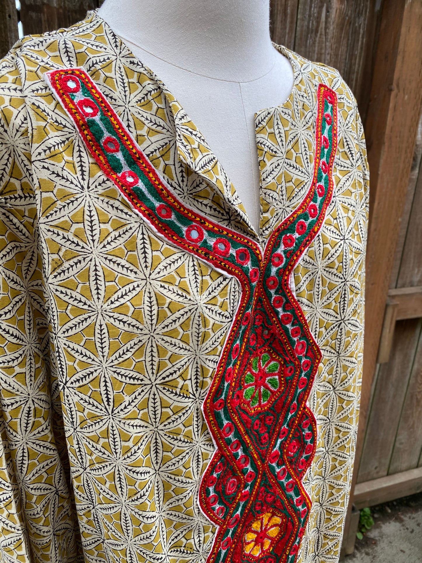 Summer Cotton Embellished Caftan - Mustard Yellow Pinwheels - M