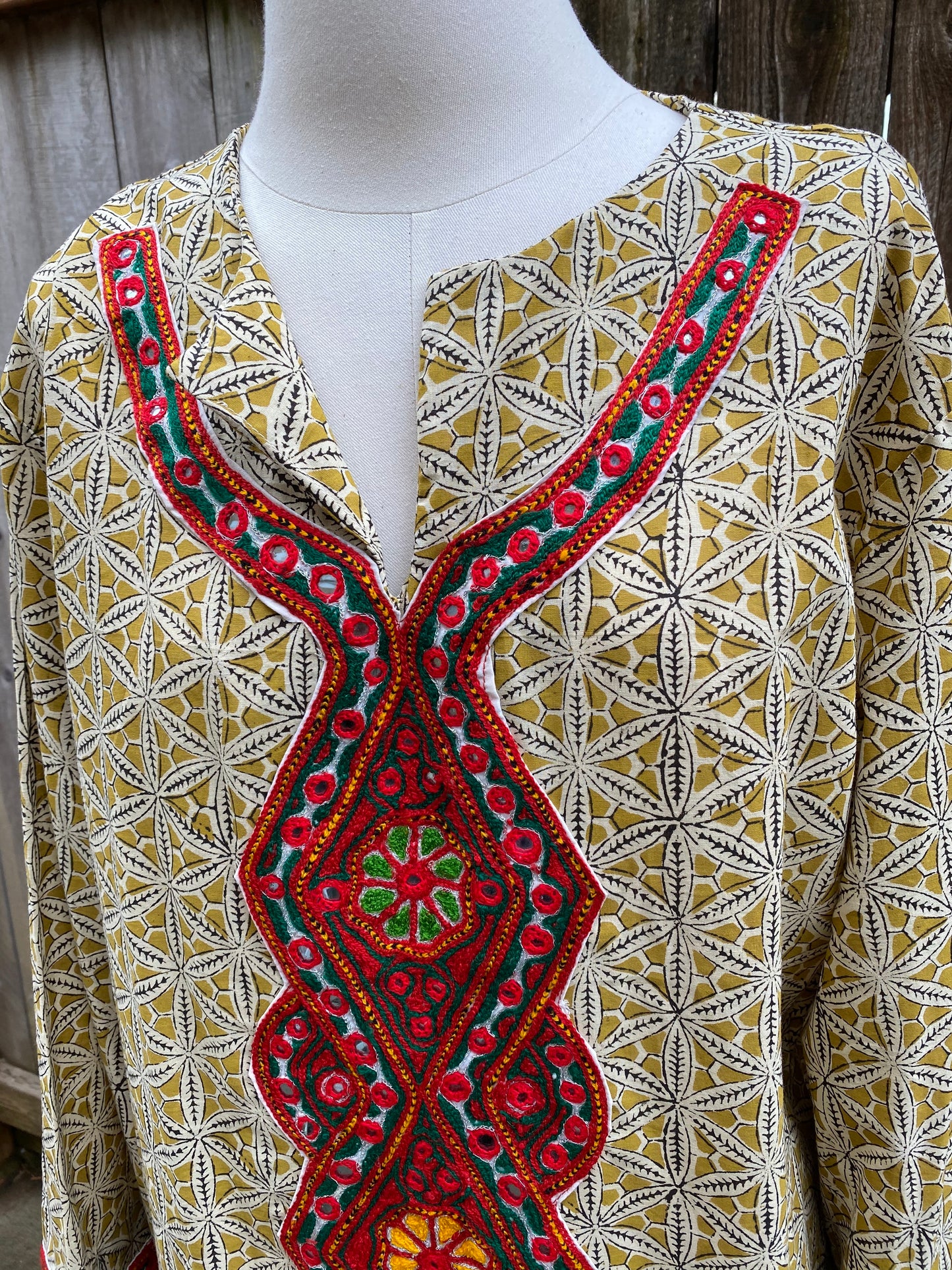 Summer Cotton Embellished Caftan - Mustard Yellow Pinwheels - M