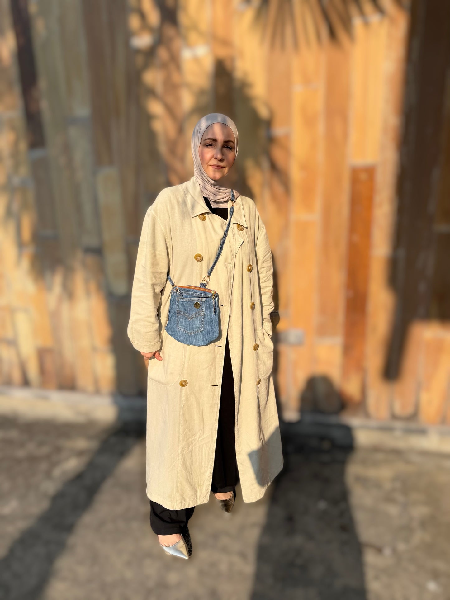 The Pocket Story Mini — Saffron Bloom, Light Wash | Upcycled Denim Convertible Bag