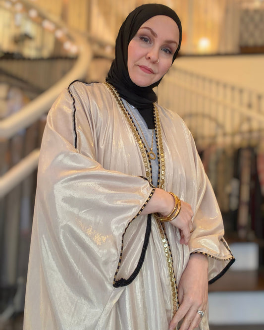 Metallic Oversized Abaya: Black & Gold on Beige