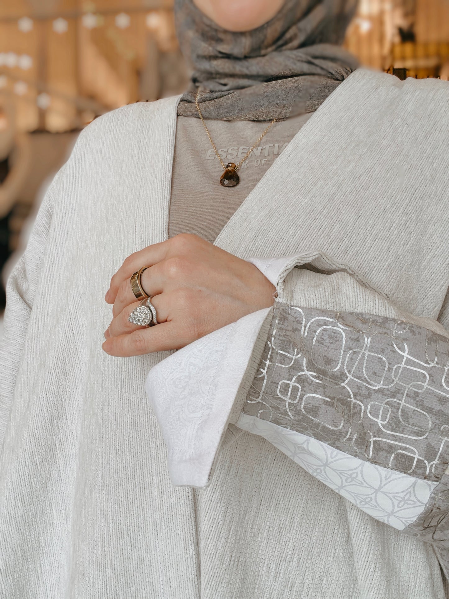 One-of-One | The Power Silhouette Abaya - Cream & Grey Patchwork (Upcycled)