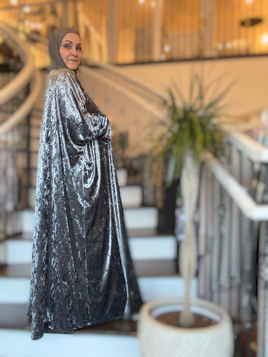 Power Silhouette Abaya - Gun Metal Crushed Stretch Velvet