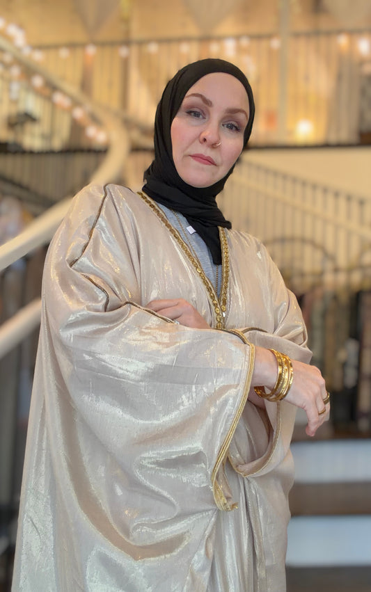 Metallic Oversized Abaya: Gold on Beige