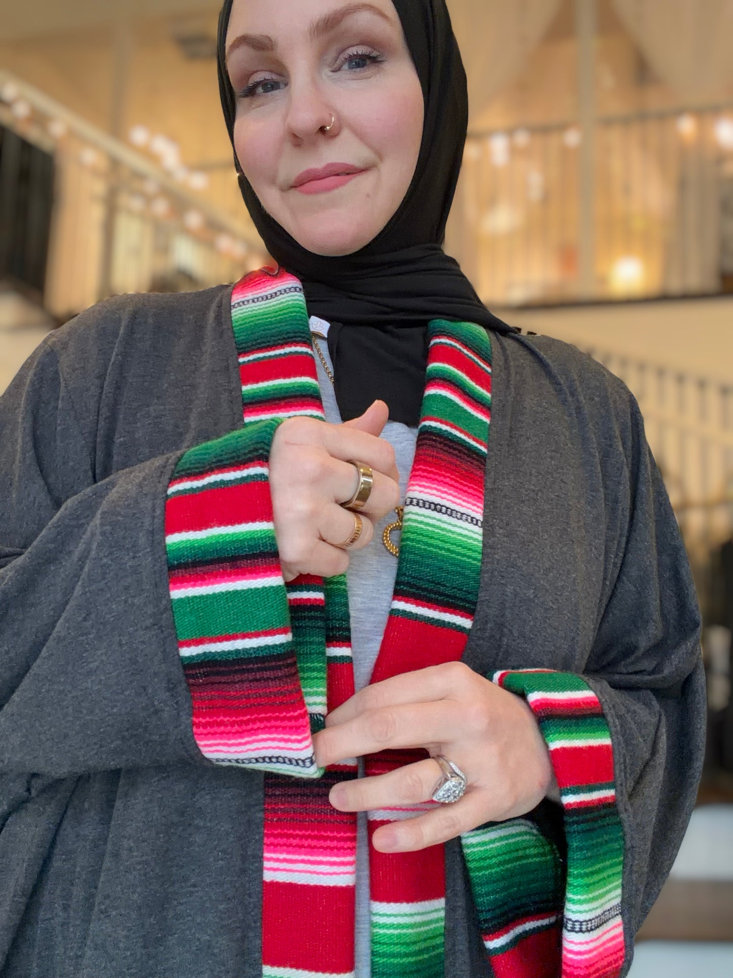 Guadalupe Pocket Charcoal Abaya – Majestic Serape Red & Green