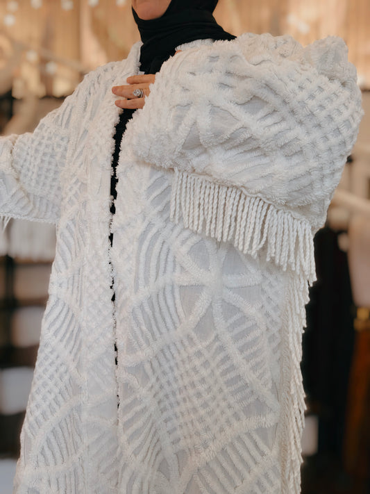 Up-cycled Nour Abaya - Ivory Heirloom Fringe