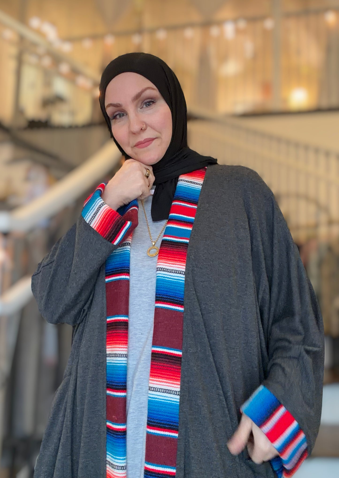 Guadalupe Pocket Charcoal Abaya – Majestic Serape Blue & Red