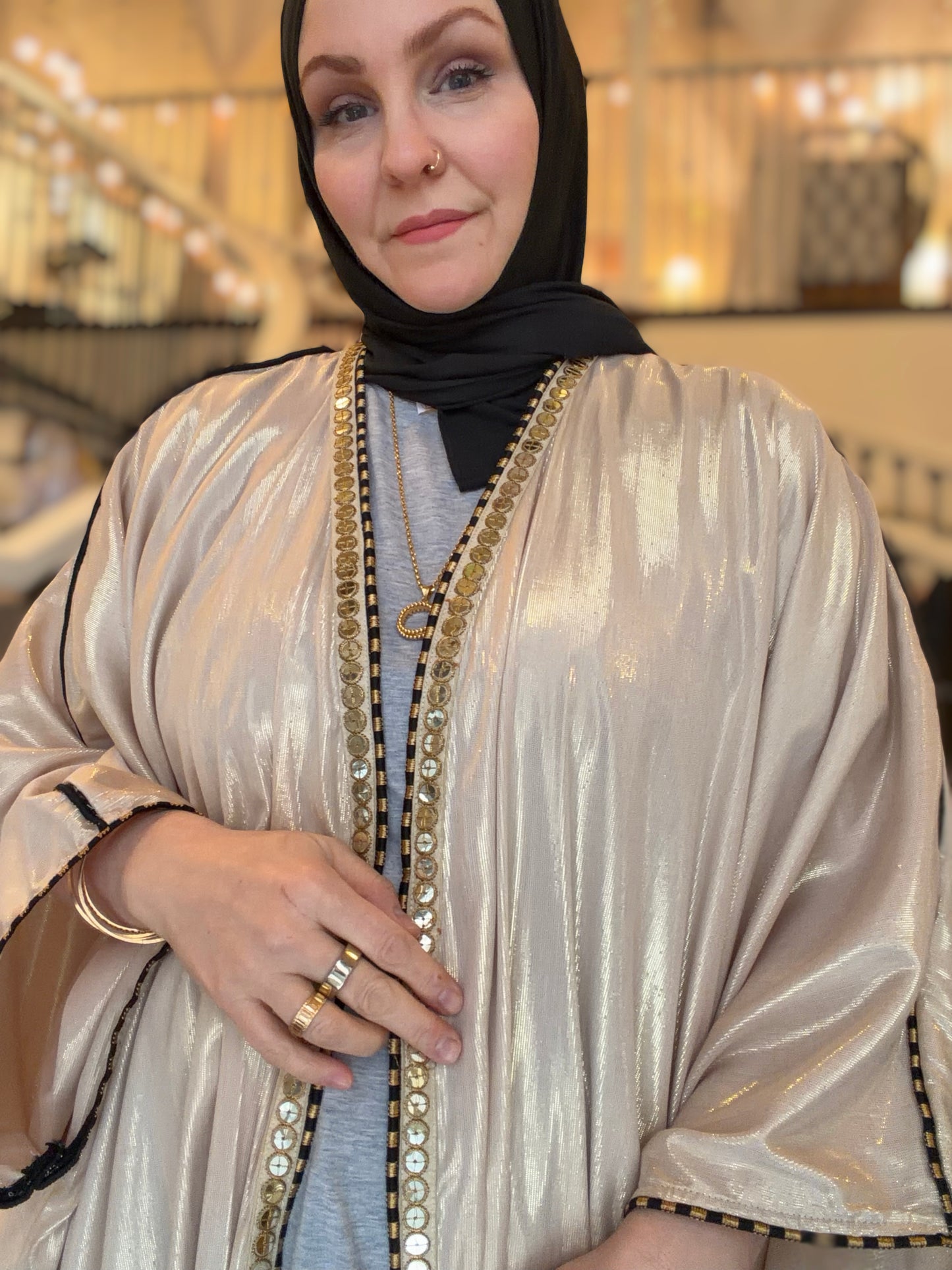 Metallic Oversized Abaya: Black & Gold on Beige