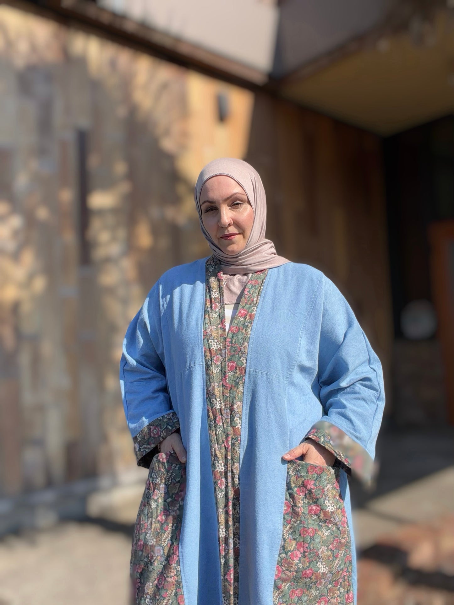 Pocket Anorak Abaya — Denim Wildflower