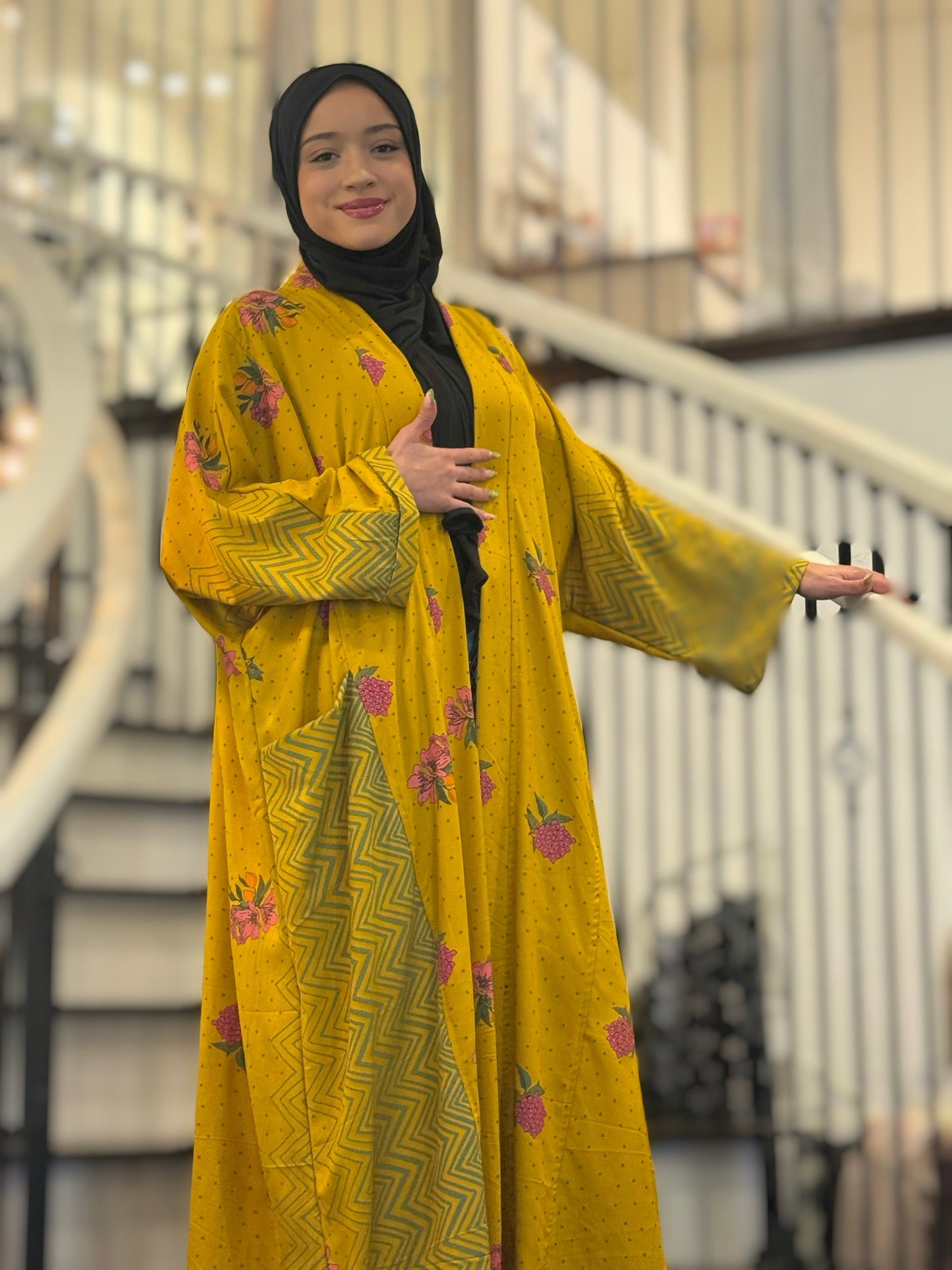 Pocket Anorak Abaya - Golden Hibiscus Bloom