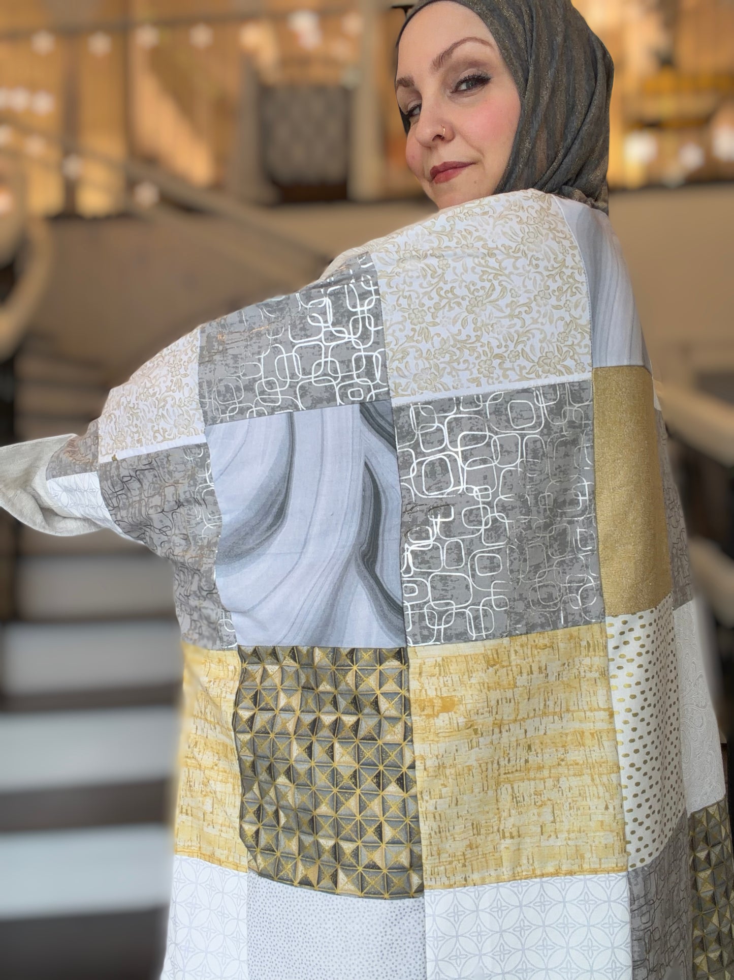 One-of-One | The Power Silhouette Abaya - Cream & Grey Patchwork (Upcycled)