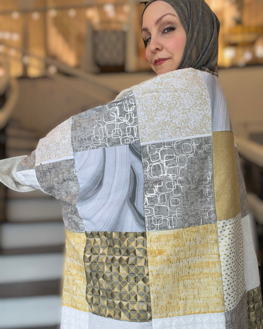 One-of-One | The Power Silhouette Abaya - Cream & Grey Patchwork (Upcycled)