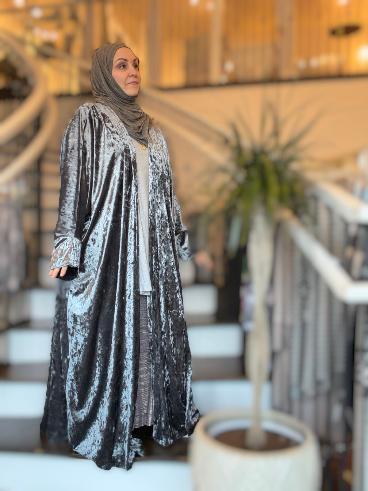 Power Silhouette Abaya - Gun Metal Crushed Stretch Velvet