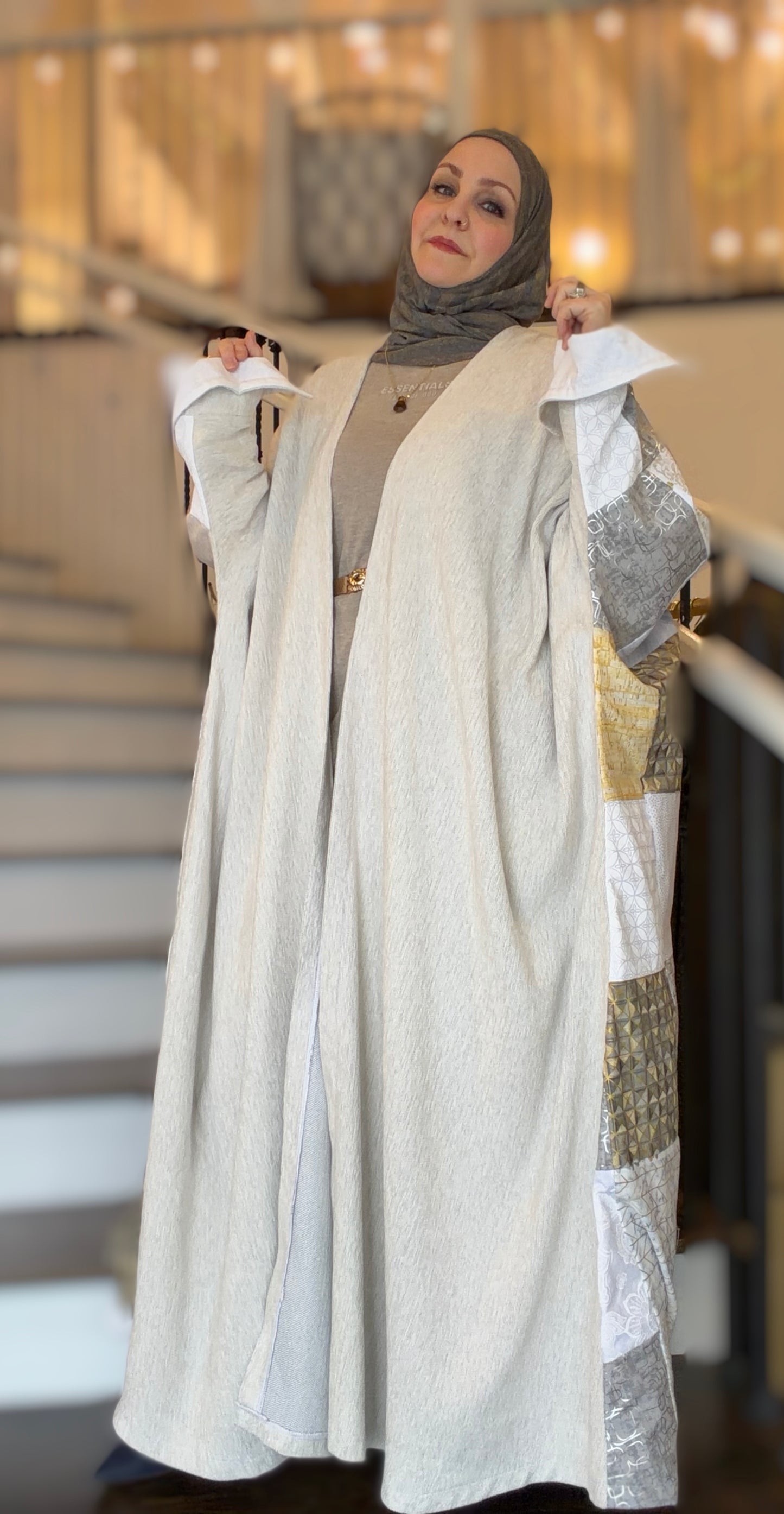 One-of-One | The Power Silhouette Abaya - Cream & Grey Patchwork (Upcycled)