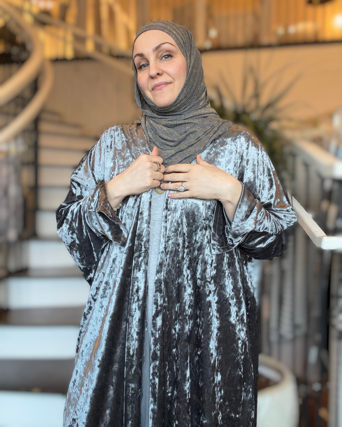 Power Silhouette Abaya - Gun Metal Crushed Stretch Velvet
