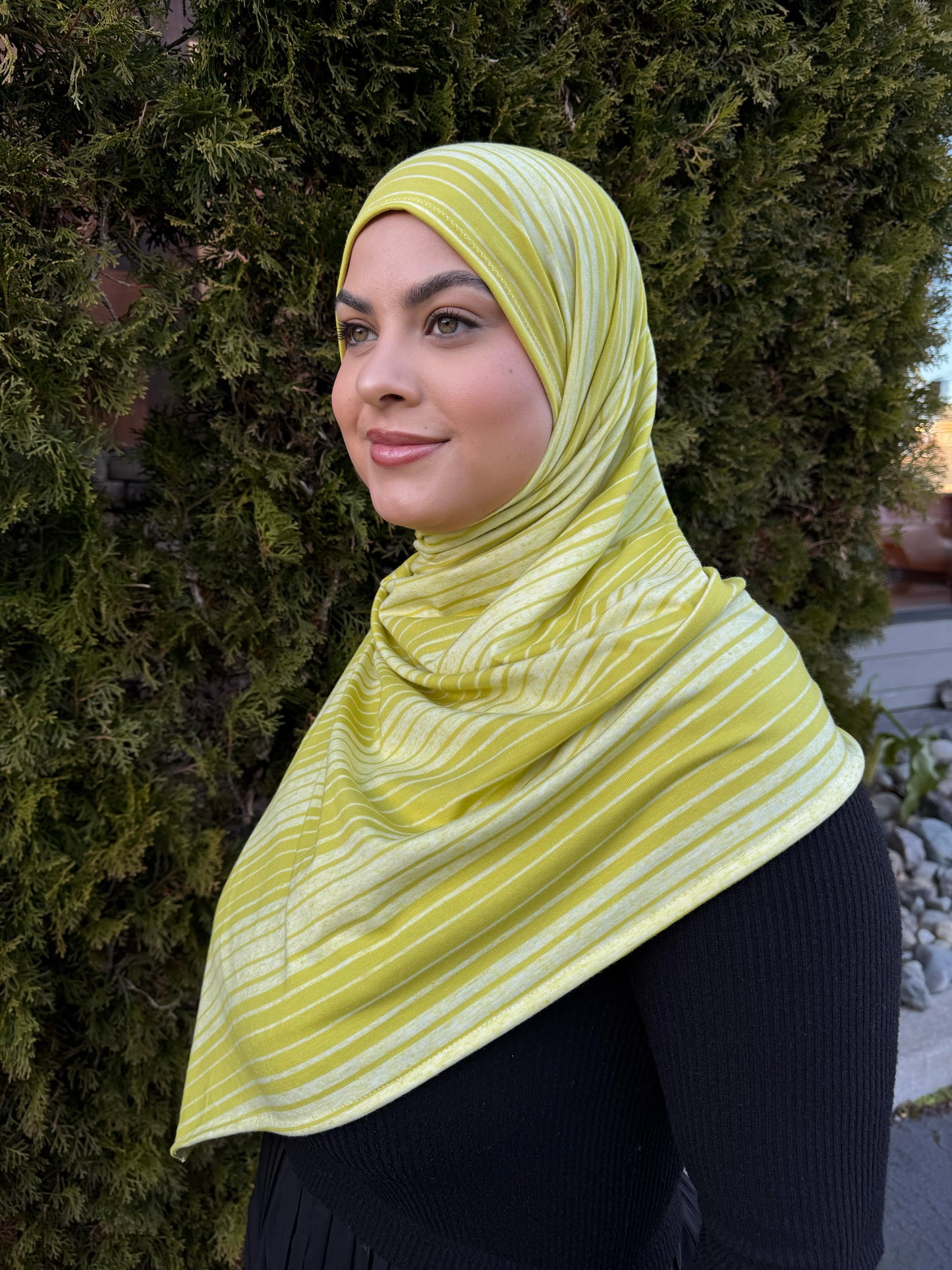 Printed Jersey Hijab: Striped Chartreuse