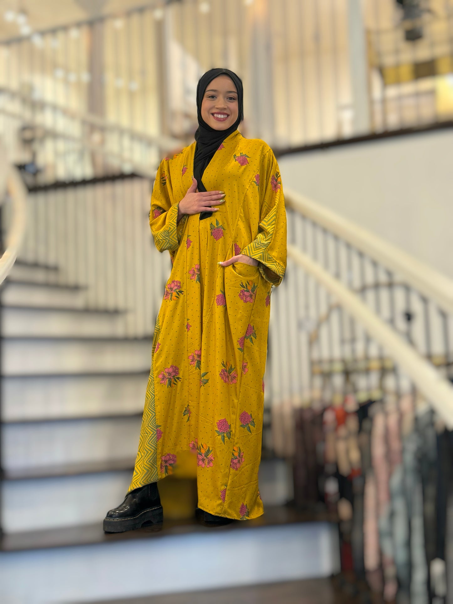 Pocket Anorak Abaya - Golden Hibiscus Bloom