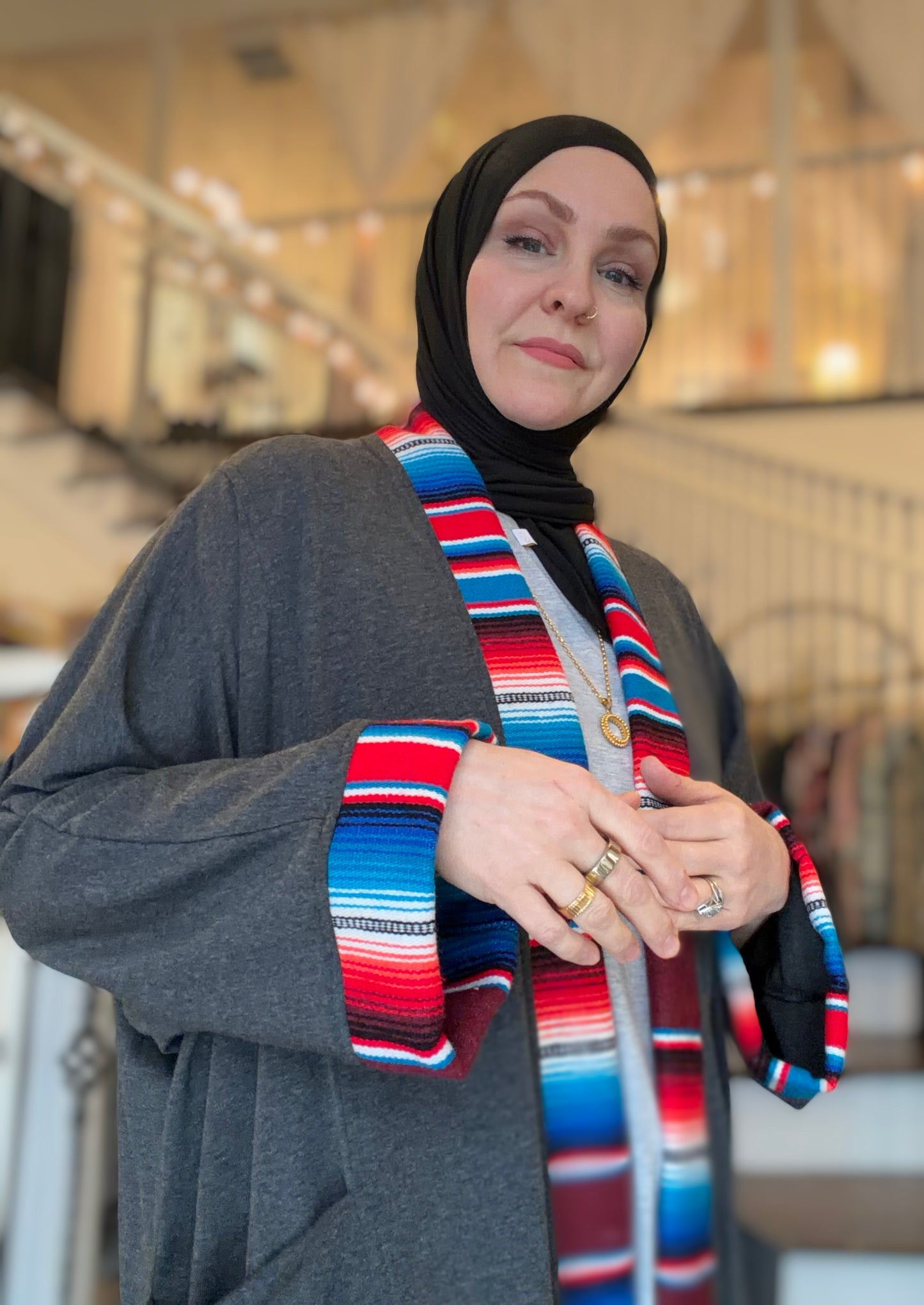 Guadalupe Pocket Charcoal Abaya – Majestic Serape Blue & Red